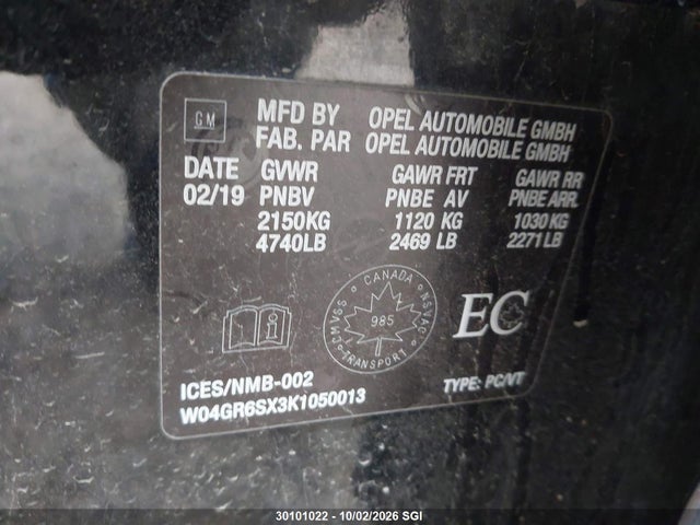 Aukcja sprzedaży 2019 Buick Regal Essence, vin: W04GR6SX3K1050013, numer aukcji: 30101022