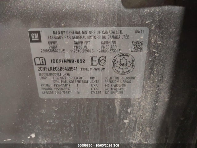 30099860 :رقم المزاد ، 2CNFLNEC3B6439541 vin ، 2011 Chevrolet Equinox Lt مزاد بيع
