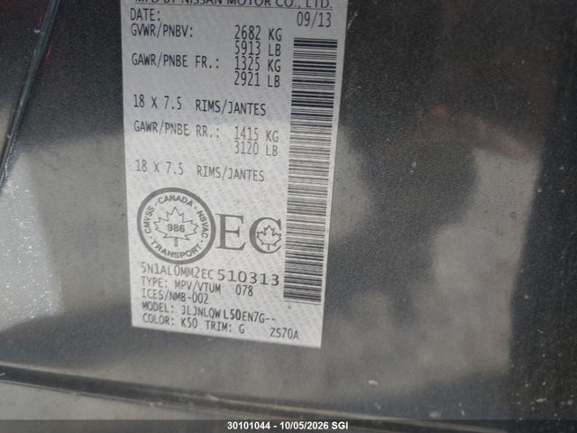 30101044 :رقم المزاد ، 5N1AL0MM2EC510313 vin ، 2014 Infiniti Qx60 مزاد بيع