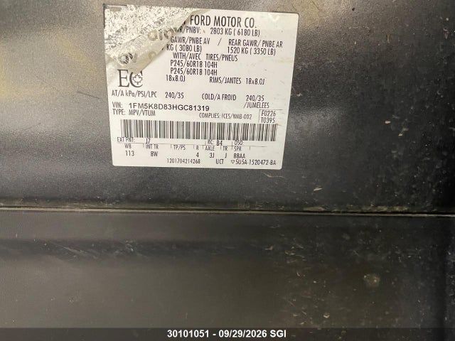 2017 Ford Explorer Xlt მანქანა იყიდება აუქციონზე, vin: 1FM5K8D83HGC81319, აუქციონის ნომერი: 30101051