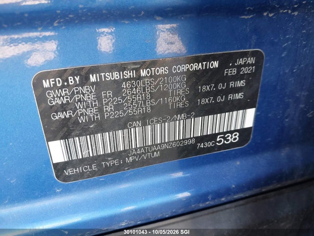 30101043 :رقم المزاد ، JA4ATUAA9NZ602998 vin ، 2022 Mitsubishi Eclipse Cross Es مزاد بيع