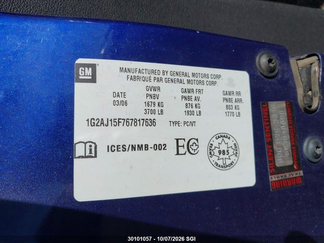 Aukcja sprzedaży 2006 Pontiac Pursuit, vin: 1G2AJ15F767817636, numer aukcji: 30101057
