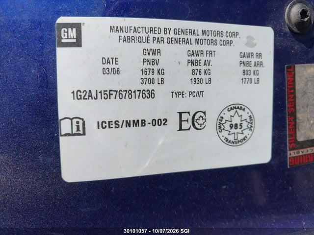 Aukcja sprzedaży 2006 Pontiac Pursuit, vin: 1G2AJ15F767817636, numer aukcji: 30101057