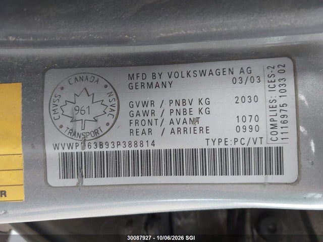 2003 Volkswagen Passat Gls მანქანა იყიდება აუქციონზე, vin: WVWPD63B93P388814, აუქციონის ნომერი: 30087927