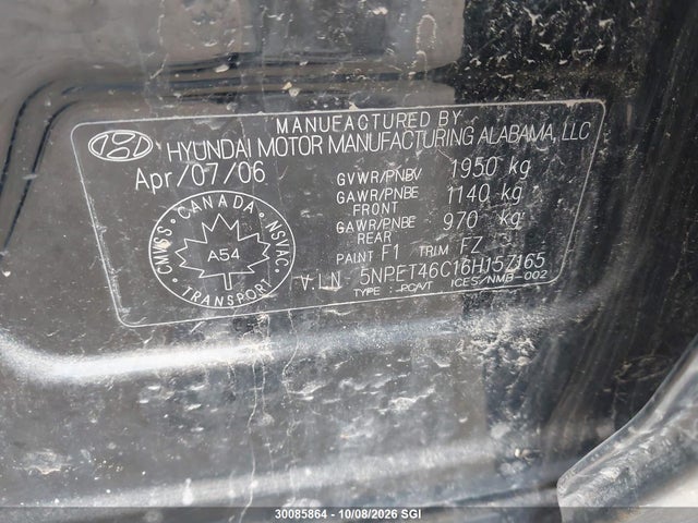 30085864 :رقم المزاد ، 5NPET46C16H157165 vin ، 2006 Hyundai Sonata Gl مزاد بيع
