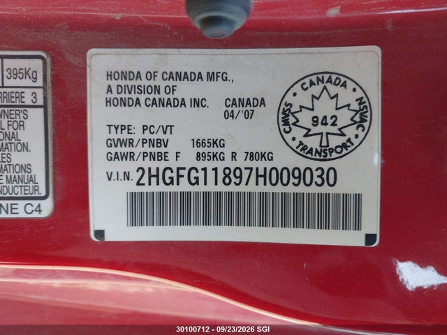 Продаж на аукціоні авто 2007 Honda Civic Ex, vin: 2HGFG11897H009030, номер лоту: 30100712