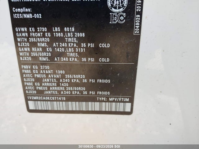 30100630 :رقم المزاد ، 1V2MR2CA0KC571415 vin ، 2019 Volkswagen Atlas Sel مزاد بيع