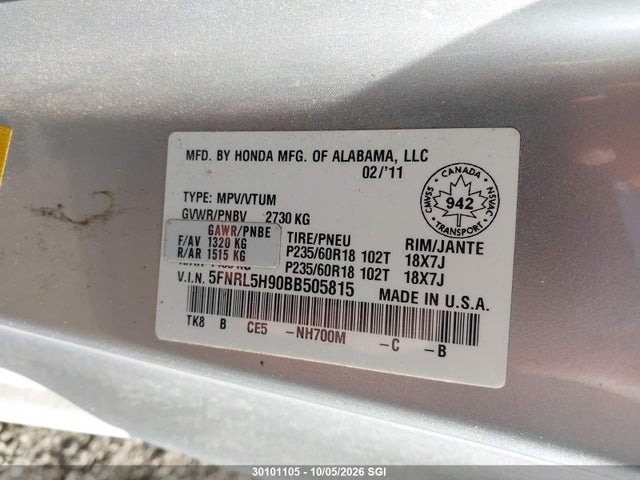 Aukcja sprzedaży 2011 Honda Odyssey Touring/touring Elite, vin: 5FNRL5H90BB505815, numer aukcji: 30101105