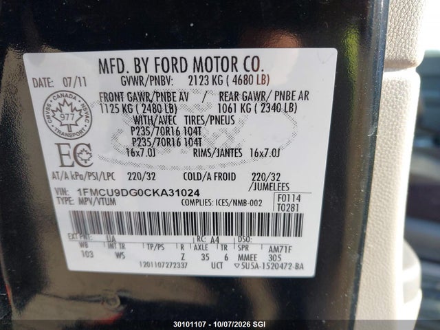 Aukcja sprzedaży 2012 Ford Escape Xlt, vin: 1FMCU9DG0CKA31024, numer aukcji: 30101107
