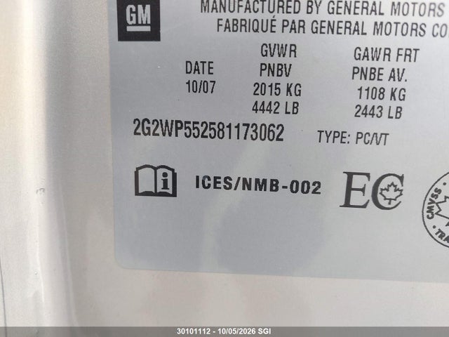 30101112 :رقم المزاد ، 2G2WP552581173062 vin ، 2008 Pontiac Grand Prix مزاد بيع