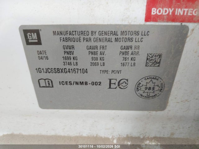 2016 Chevrolet Sonic Lt მანქანა იყიდება აუქციონზე, vin: 1G1JC6SBXG4167104, აუქციონის ნომერი: 30101116