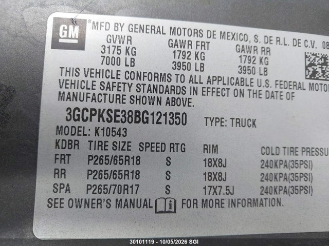 30101119 :رقم المزاد ، 3GCPKSE38BG121350 vin ، 2011 Chevrolet Silverado K1500 Lt مزاد بيع