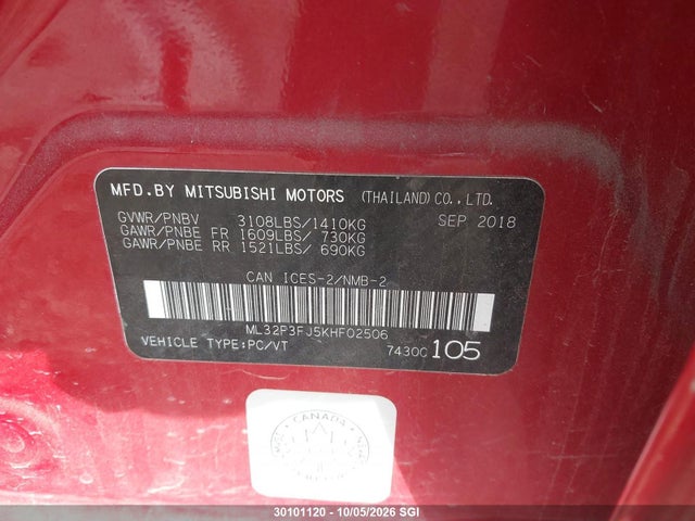 30101120 :رقم المزاد ، ML32F3FJ5KHF02506 vin ، 2019 Mitsubishi Mirage G4 Es مزاد بيع