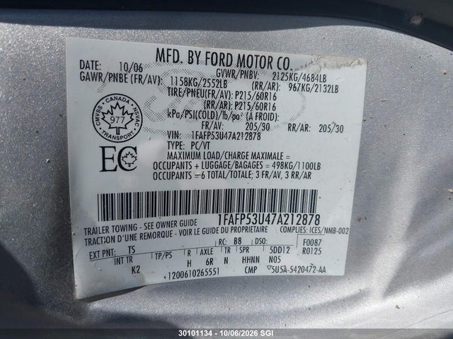 Продаж на аукціоні авто 2007 Ford Taurus Se, vin: 1FAFP53U47A212878, номер лоту: 30101134