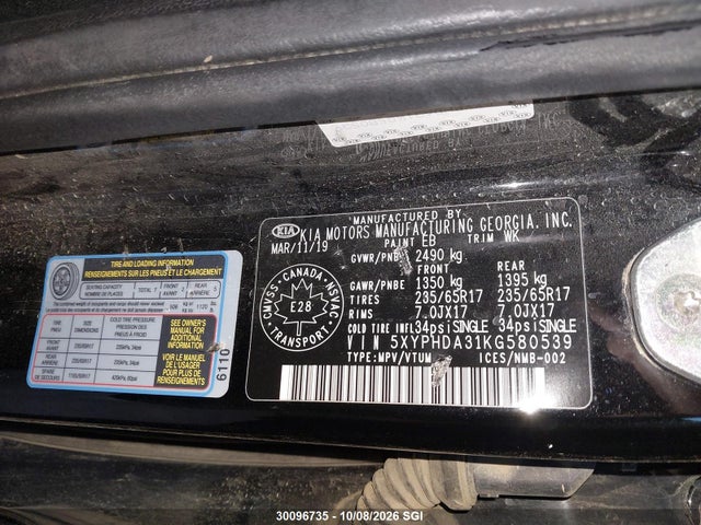 Aukcja sprzedaży 2019 Kia Sorento Ex, vin: 5XYPHDA31KG580539, numer aukcji: 30096735