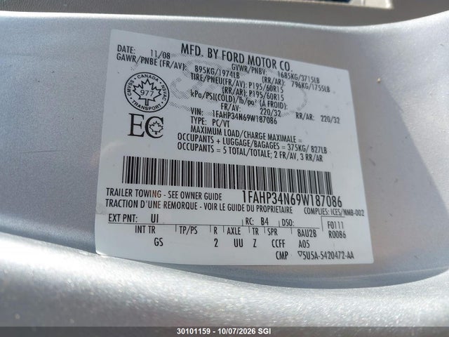 2009 Ford Focus S მანქანა იყიდება აუქციონზე, vin: 1FAHP34N69W187086, აუქციონის ნომერი: 30101159