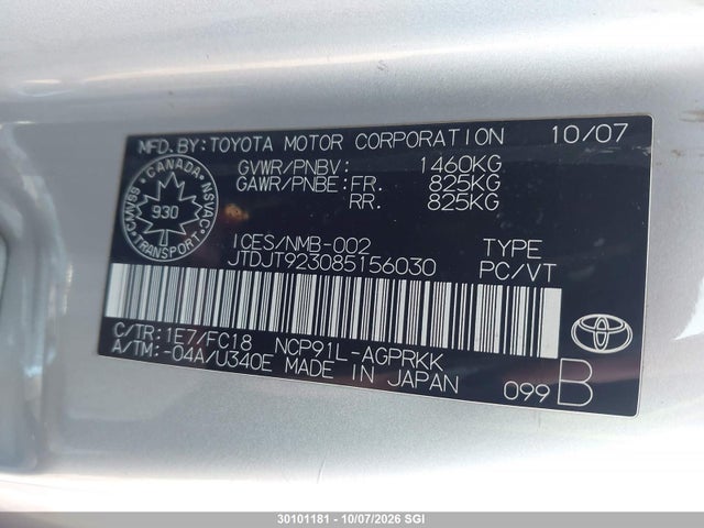 Aukcja sprzedaży 2008 Toyota Yaris, vin: JTDJT923085156030, numer aukcji: 30101181