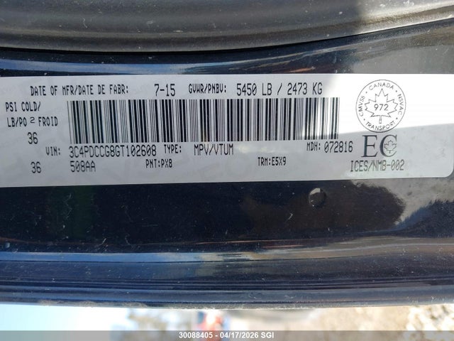 30088405 :رقم المزاد ، 3C4PDCCG8GT102608 vin ، 2016 Dodge Journey Sxt/limited مزاد بيع