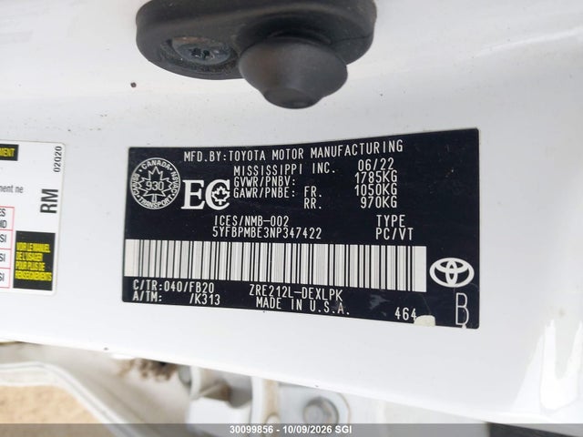 Aukcja sprzedaży 2022 Toyota Corolla Le/xle, vin: 5YFBPMBE3NP347422, numer aukcji: 30099856