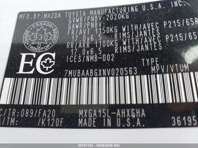 30101193 :رقم المزاد ، 7MUBAABGXNV020563 vin ، 2022 Toyota Corolla Cross Le مزاد بيع