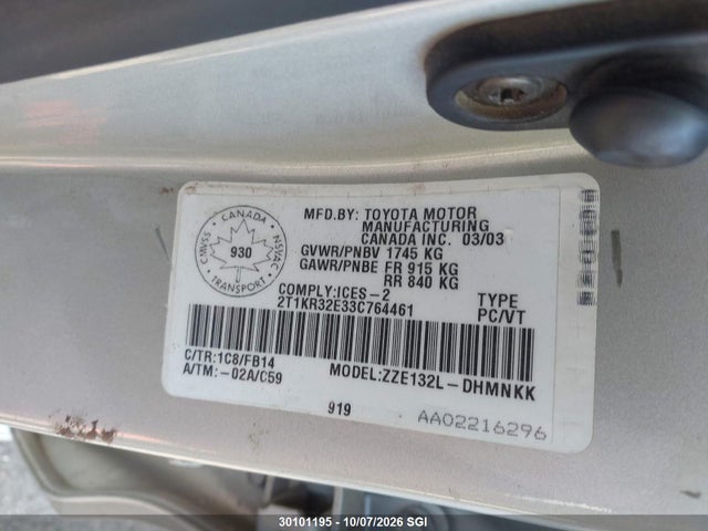 Продаж на аукціоні авто 2003 Toyota Corolla Matrix Xr, vin: 2T1KR32E33C764461, номер лоту: 30101195