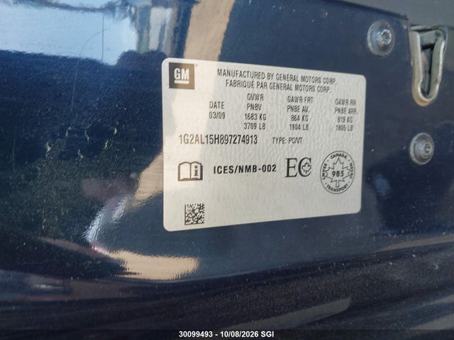 Aukcja sprzedaży 2009 Pontiac G5 Se, vin: 1G2AL15H897274913, numer aukcji: 30099493