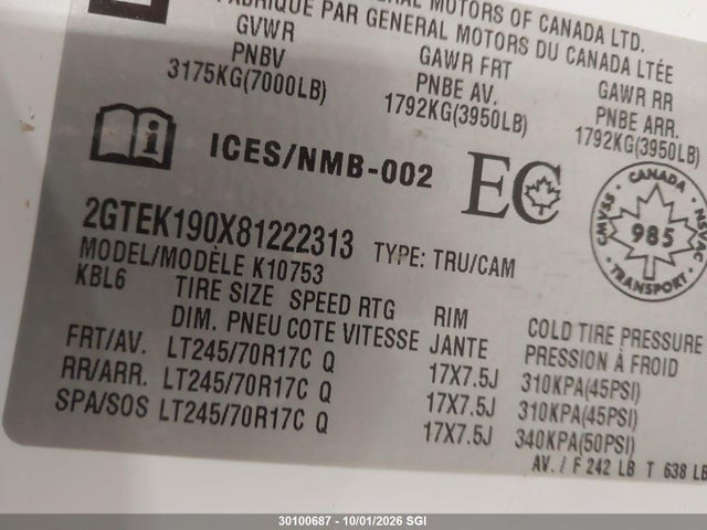 2008 Gmc Sierra K1500 მანქანა იყიდება აუქციონზე, vin: 2GTEK190X81222313, აუქციონის ნომერი: 30100687