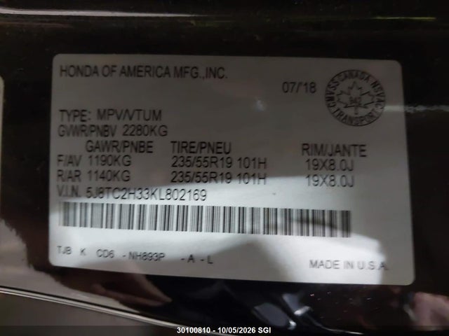 Продаж на аукціоні авто 2019 Acura Rdx, vin: 5J8TC2H33KL802169, номер лоту: 30100810