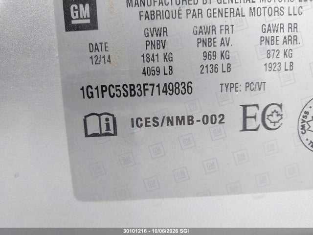 Aukcja sprzedaży 2015 Chevrolet Cruze Lt, vin: 1G1PC5SB3F7149836, numer aukcji: 30101216