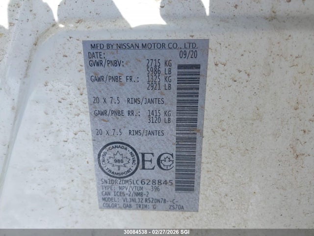 2020 Nissan Pathfinder Platinum მანქანა იყიდება აუქციონზე, vin: 5N1DR2DM5LC628845, აუქციონის ნომერი: 30084538