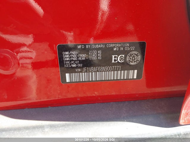 Продаж на аукціоні авто 2022 Subaru Wrx Premium, vin: JF1VBAF68N9007773, номер лоту: 30101226