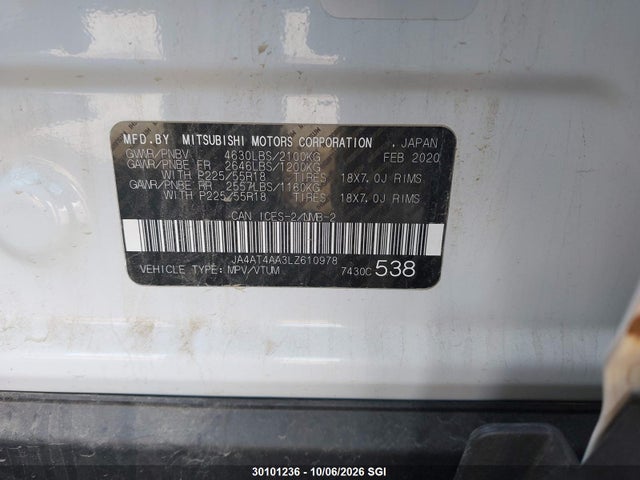 30101236 :رقم المزاد ، JA4AT4AA3LZ610978 vin ، 2020 Mitsubishi Eclipse Cross Le/sp مزاد بيع