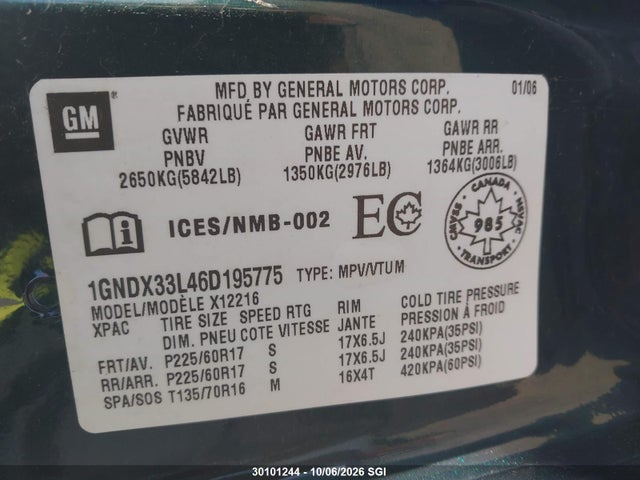 2006 Chevrolet Uplander Lt მანქანა იყიდება აუქციონზე, vin: 1GNDX33L46D195775, აუქციონის ნომერი: 30101244