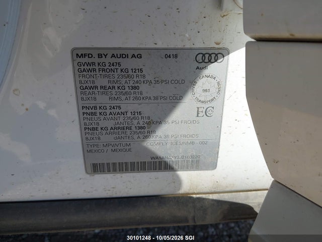 Продажа на аукционе авто 2018 Audi Q5 Premium, vin: WA1ANAFY3J2163220, номер лота: 30101248