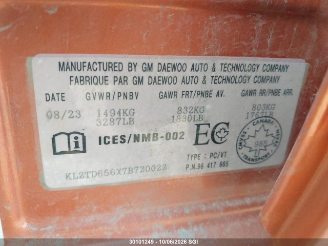 Aukcja sprzedaży 2007 Pontiac Wave, vin: KL2TD656X7B720022, numer aukcji: 30101249
