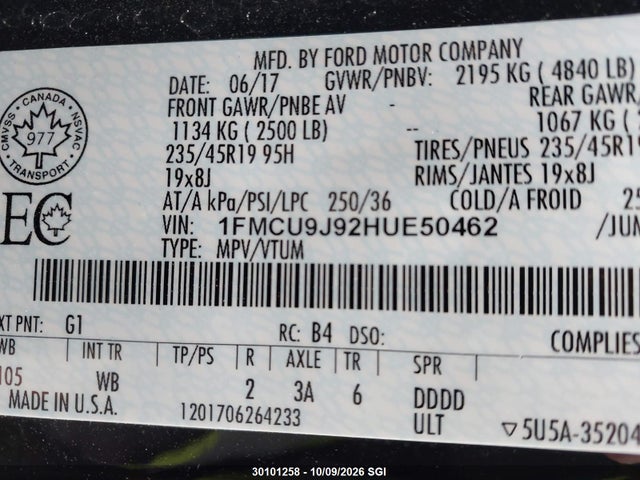 2017 Ford Escape Titanium მანქანა იყიდება აუქციონზე, vin: 1FMCU9J92HUE50462, აუქციონის ნომერი: 30101258
