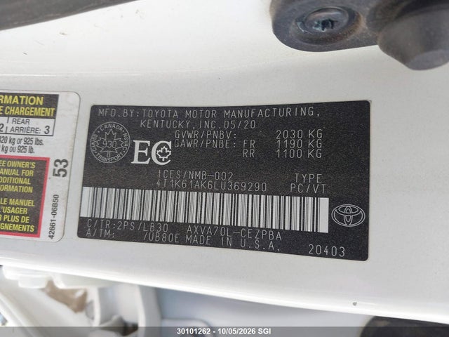 2020 Toyota Camry Xse მანქანა იყიდება აუქციონზე, vin: 4T1K61AK6LU369290, აუქციონის ნომერი: 30101262