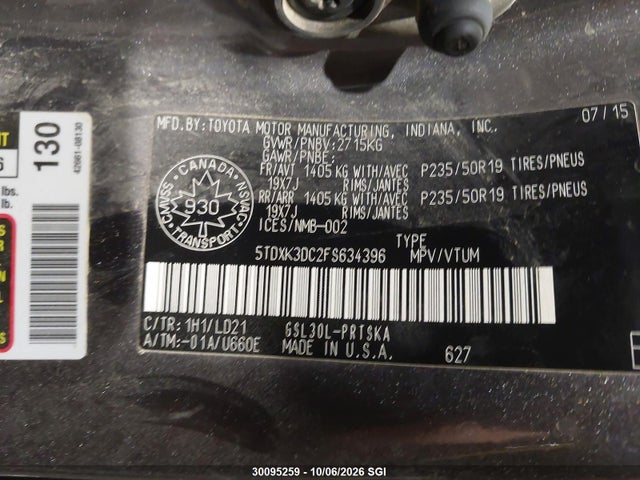 Aukcja sprzedaży 2015 Toyota Sienna Sport, vin: 5TDXK3DC2FS634396, numer aukcji: 30095259