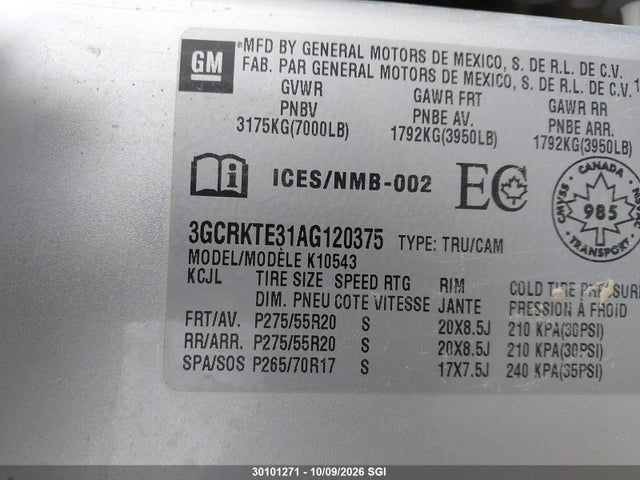 Продаж на аукціоні авто 2010 Chevrolet Silverado K1500 Ltz, vin: 3GCRKTE31AG120375, номер лоту: 30101271