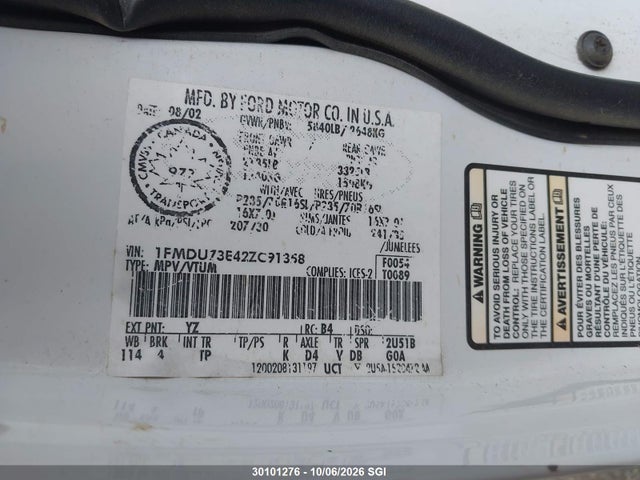 Продаж на аукціоні авто 2002 Ford Explorer Xlt, vin: 1FMDU73E42ZC91358, номер лоту: 30101276