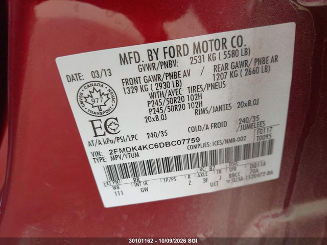 30101162 :رقم المزاد ، 2FMDK4KC6DBC07759 vin ، 2013 Ford Edge Limited مزاد بيع