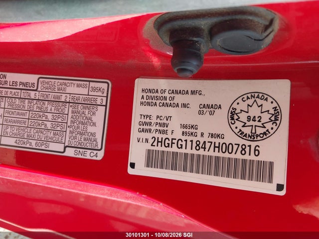 2007 Honda Civic Ex მანქანა იყიდება აუქციონზე, vin: 2HGFG11847H007816, აუქციონის ნომერი: 30101301