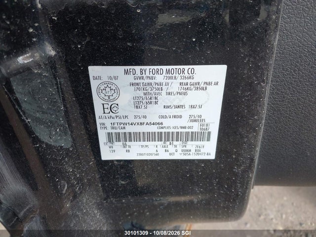 30101309 :رقم المزاد ، 1FTPW14VX8FA54066 vin ، 2008 Ford F150 Supercrew مزاد بيع