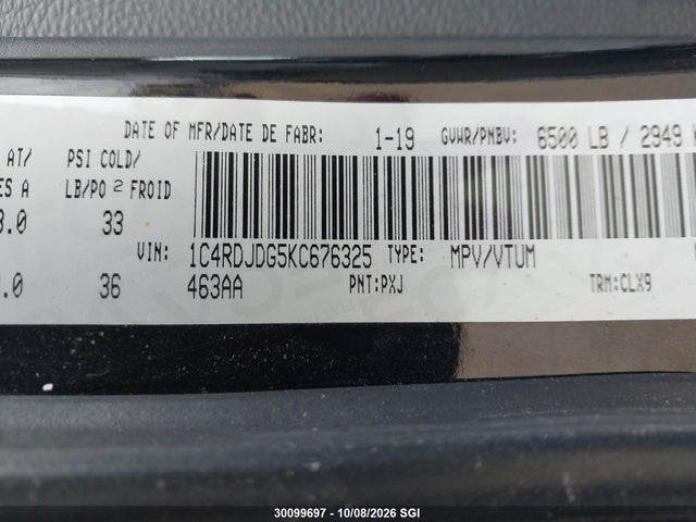 Продаж на аукціоні авто 2019 Dodge Durango Gt, vin: 1C4RDJDG5KC676325, номер лоту: 30099697