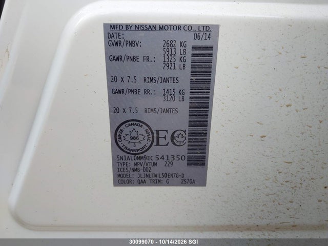 Aukcja sprzedaży 2014 Infiniti Qx60, vin: 5N1AL0MM9EC541350, numer aukcji: 30099070