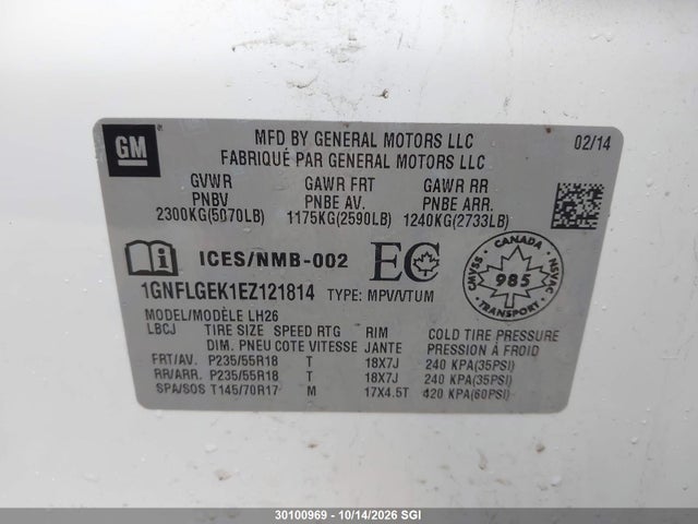 30100969 :رقم المزاد ، 1GNFLGEK1EZ121814 vin ، 2014 Chevrolet Equinox Lt مزاد بيع