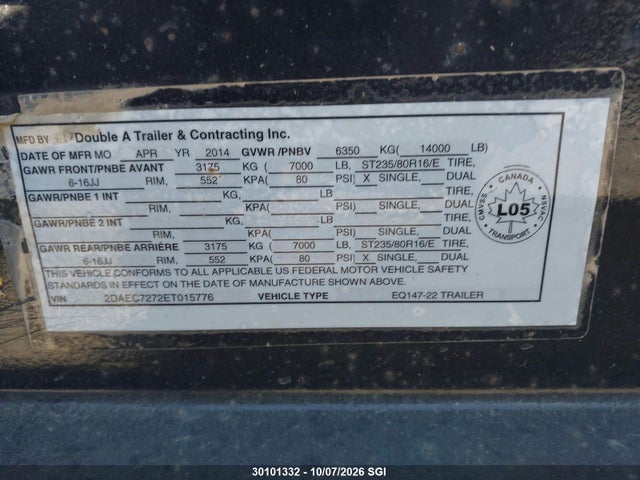 Double A Trailers Tr130 Car Hauler 2014 2DAEC7272ET015776 Image 9
