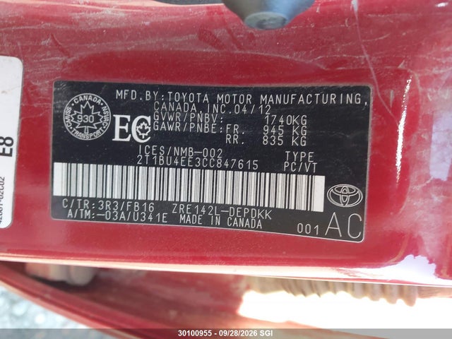 2012 Toyota Corolla S/le მანქანა იყიდება აუქციონზე, vin: 2T1BU4EE3CC847615, აუქციონის ნომერი: 30100955