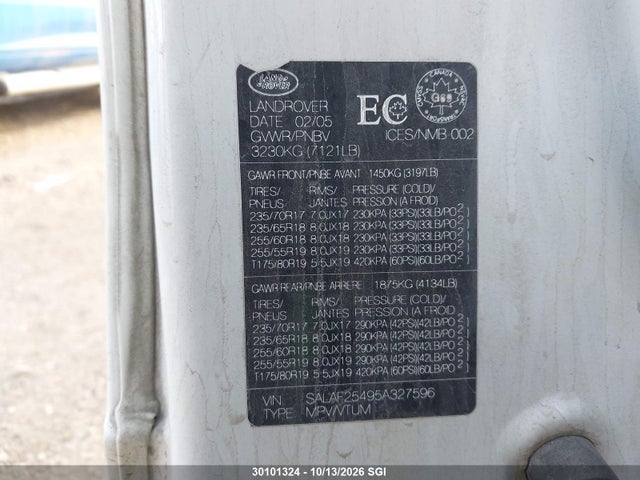 Aukcja sprzedaży 2005 Land Rover Lr3 Hse, vin: SALAF25495A327596, numer aukcji: 30101324