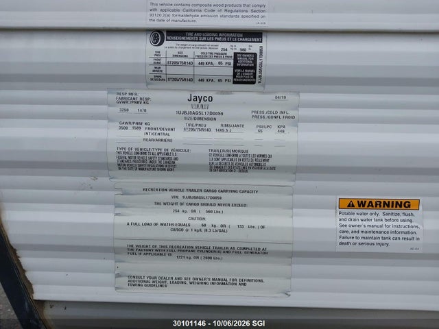 Продаж на аукціоні авто 2020 Jayco Jay Flight, vin: 1UJBJ0AG5L17D0059, номер лоту: 30101146